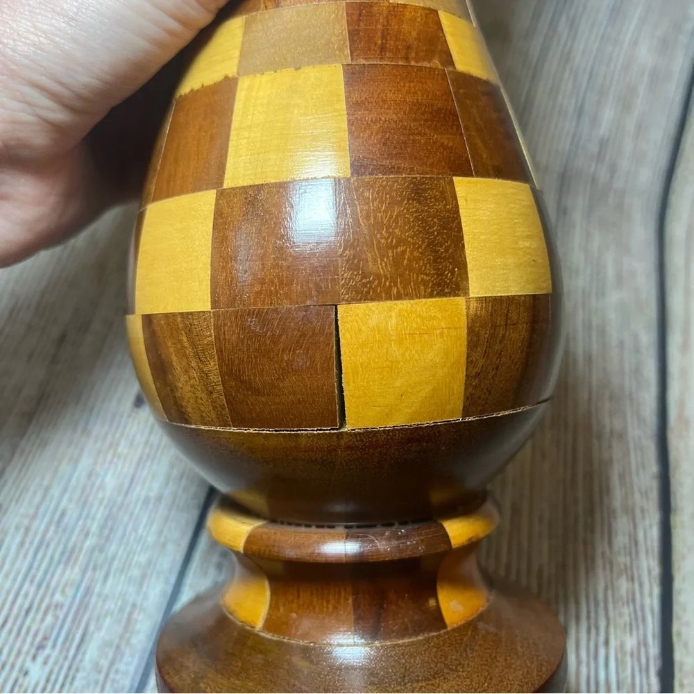 VTG Handcrafted Natural Wood Tones Checkered‎ Vase 9” Segmented Turned Wood Boho
